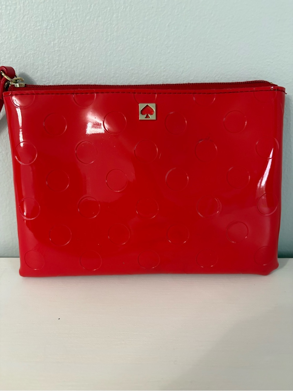 Kate Spade Camellia Street Mini Pouch Chili Red Polka Dot Patent Cosmetic Bag